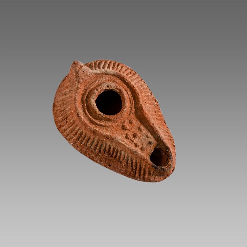 Ancient Holy Land Byzantine Terracotta Oil Lamp with Cross c.6th cent AD.