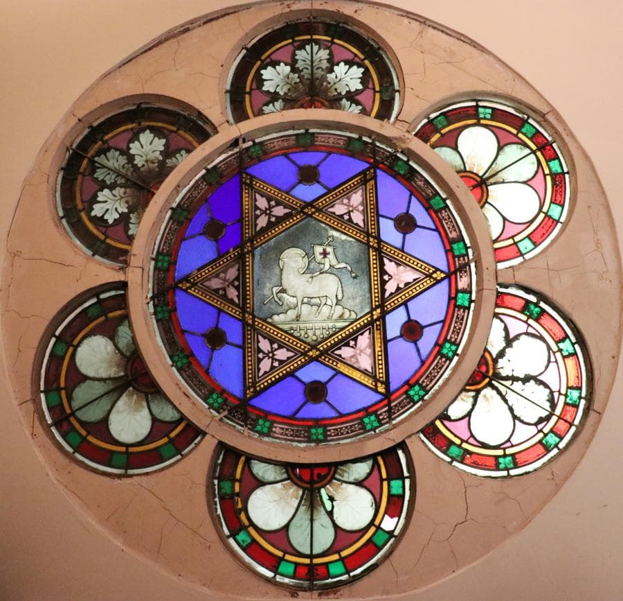 Leaded stained glass rosette window, circa 1900