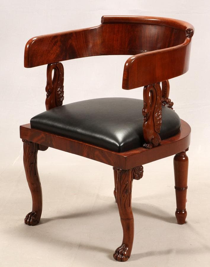 Empire style mahogany and black leather tub chair