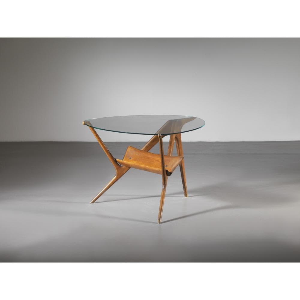 ROUND LOW TABLE, WOODEN STRUCTURE, GLASS TOP