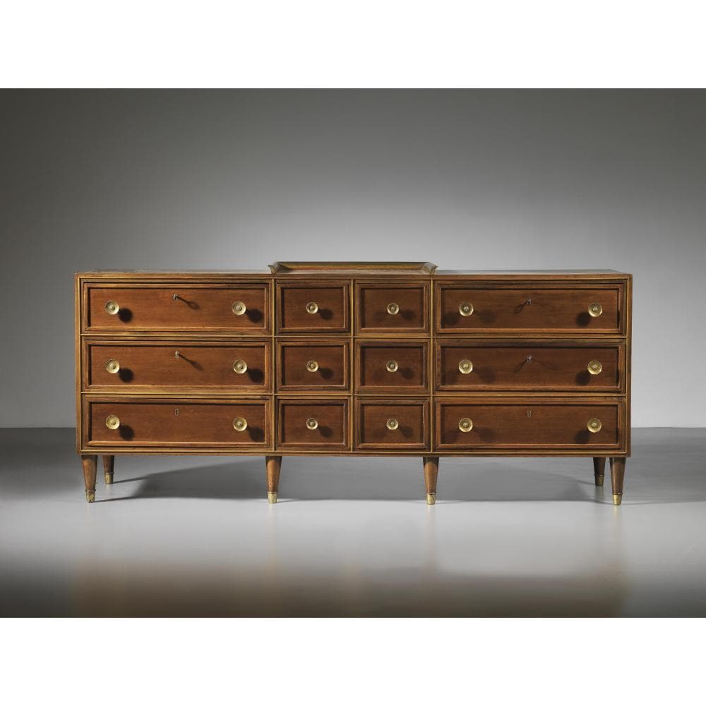 WALL MIRROR, WOODEN DRAWERS, BRASS DETAILS