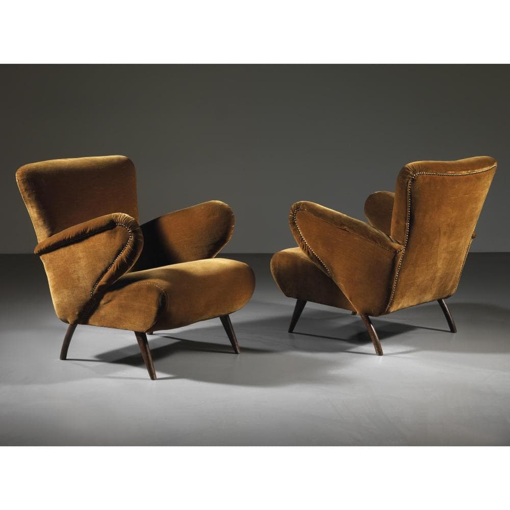 TWO ARMCHAIRS, BROWN VELVET UPHOLSTERY