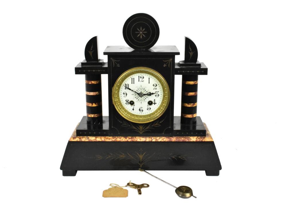 Antique French Black Slate and Marble Mantle Clock