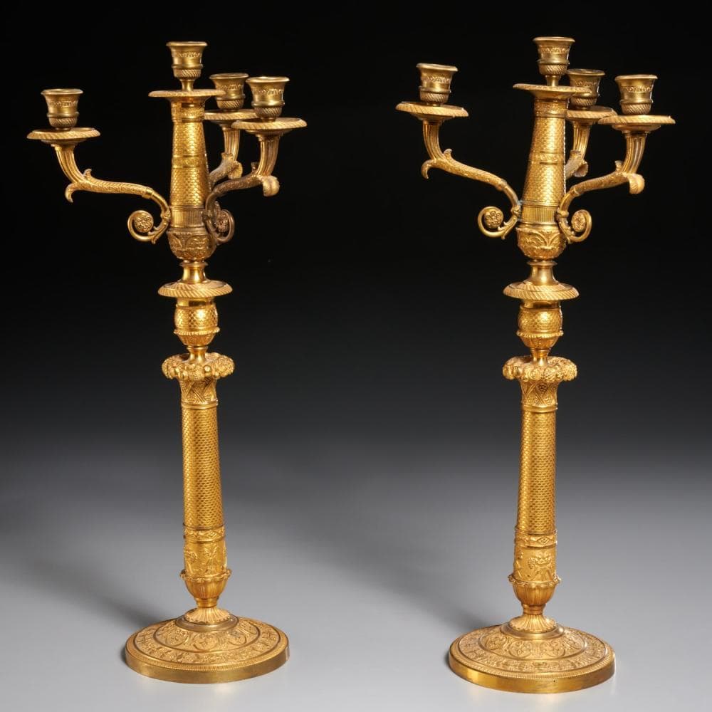 Pair French Restauration gilt bronze candelabra