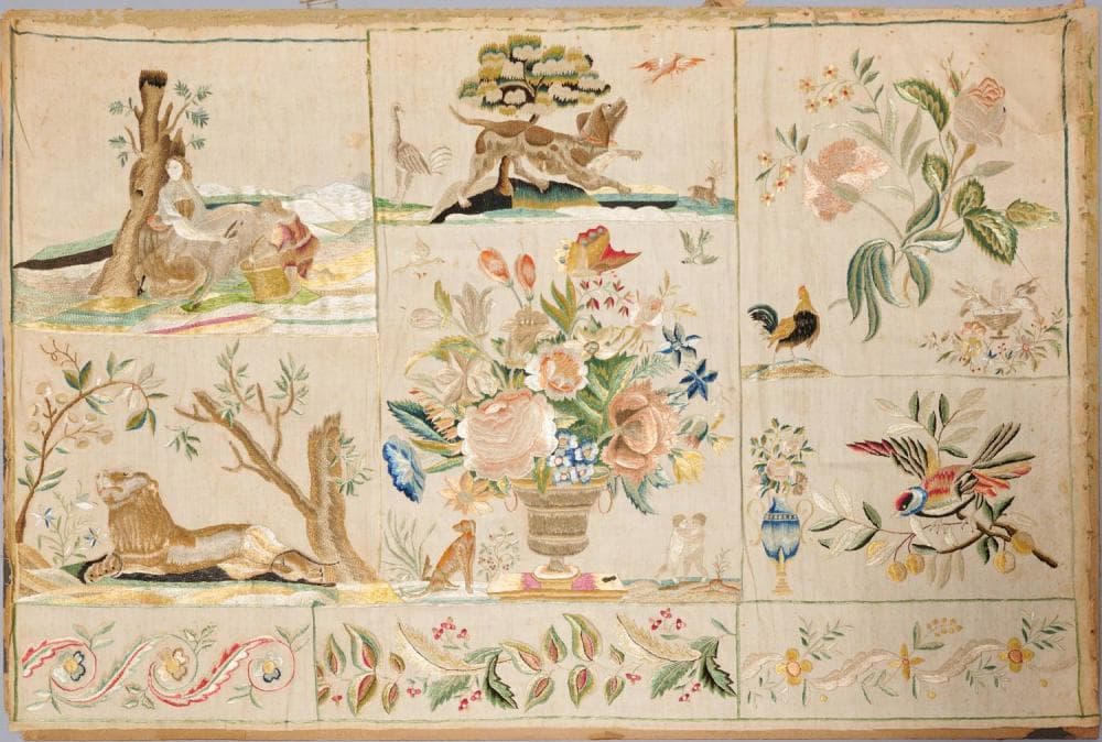 Fine antique English silk stumpwork sampler
