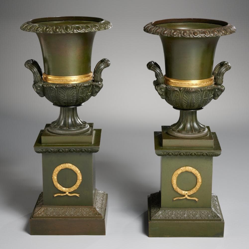Pair Empire style ormolu mounted bronze urns