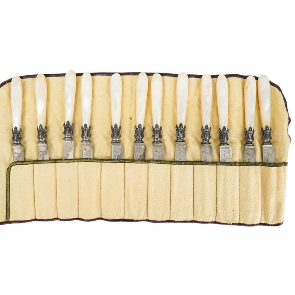 (12 Pc) 19th Cent. French 950 Silver and Mother of Pearl Fish Knives