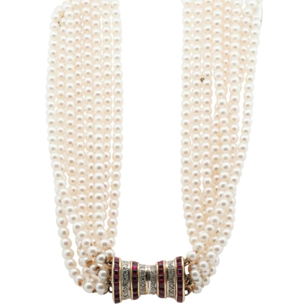 Vintage 14k Gold, Diamond and Ruby Multi Stranded Pearl Necklace