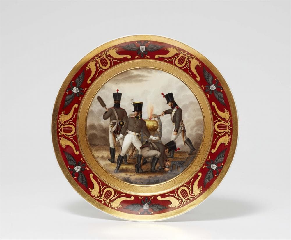 A Berlin KPM porcelain plate with a depiction of Russian artillery soldiers
