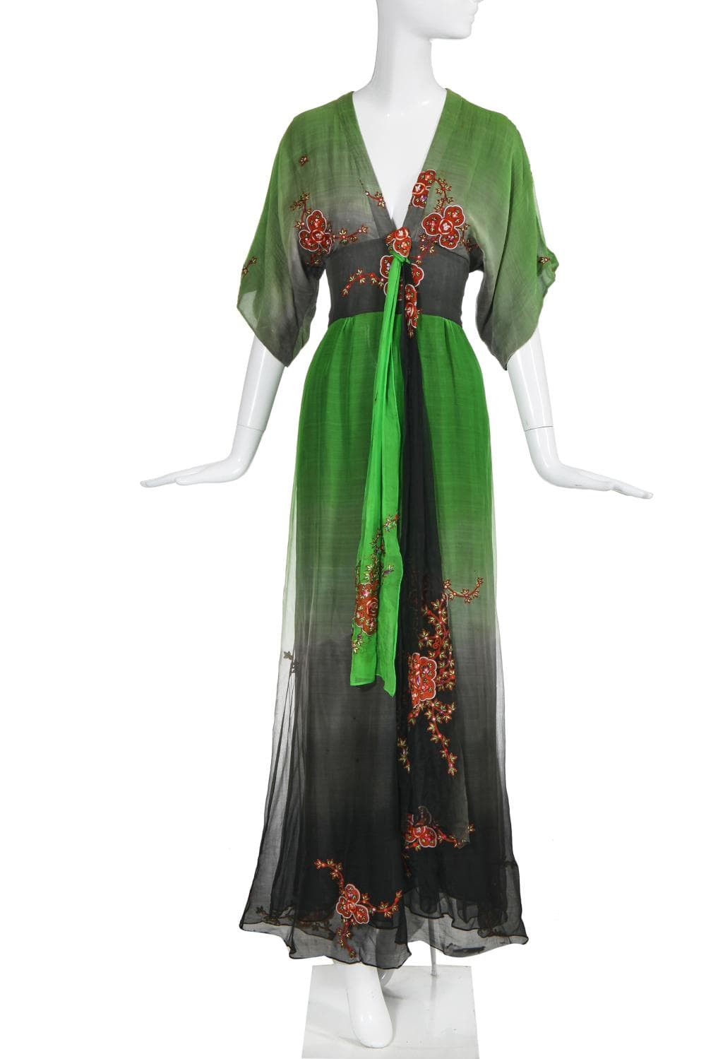 A Thea Porter couture green and black degradé chiffon dress, 1970s