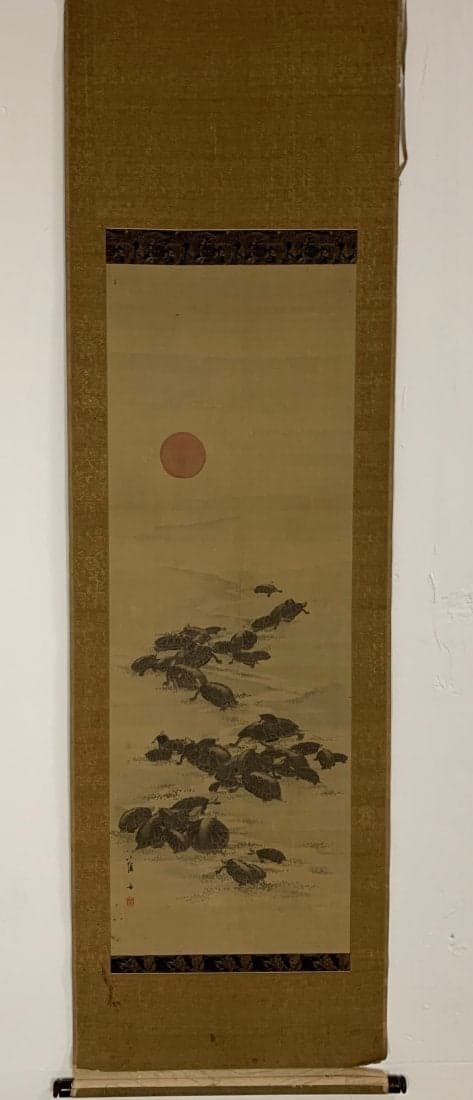 19th Century Hand Painted Chinese Silk Scroll-Turtles