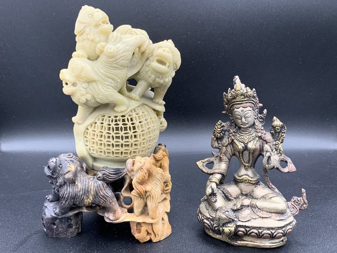 Bronze Buddha & Hand Carved Soapstone Foo Dog sculpture
