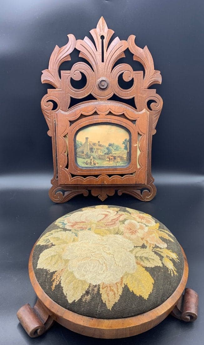 Antique Victorian Footstool & Wall Magazine Holder