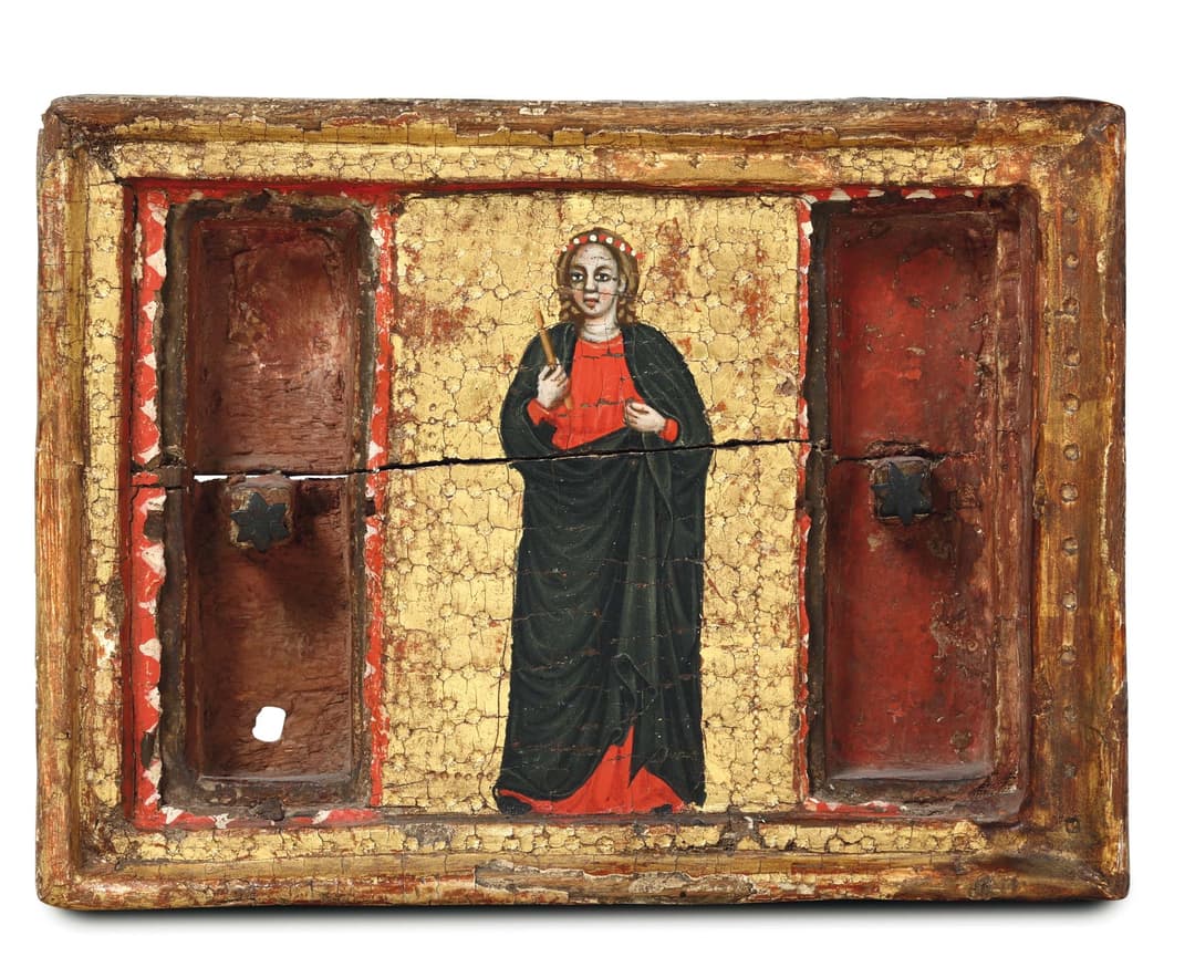 A rare reliquiary with an image of a Saint (Apollonia?) on a gold backdrop
