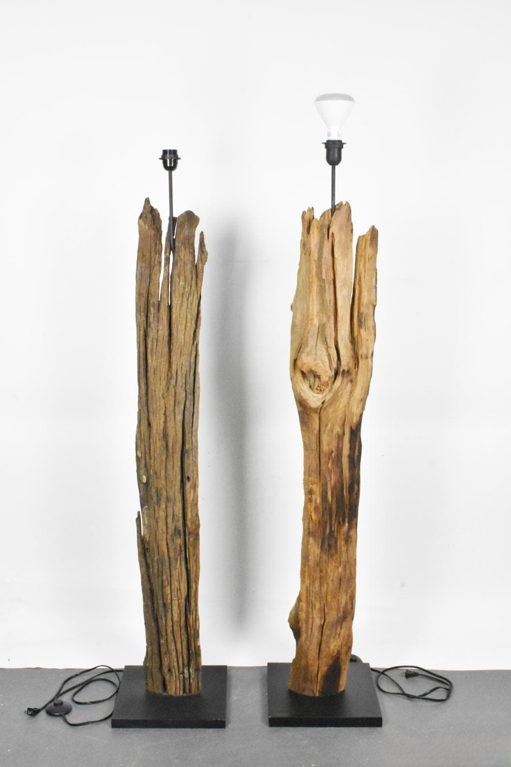 Two Contemporary Driftwood Floor Lamps, 59" h.