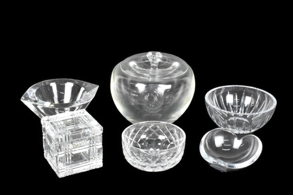 Group of 6 Contemporary Colorless Crystal Glass Objects