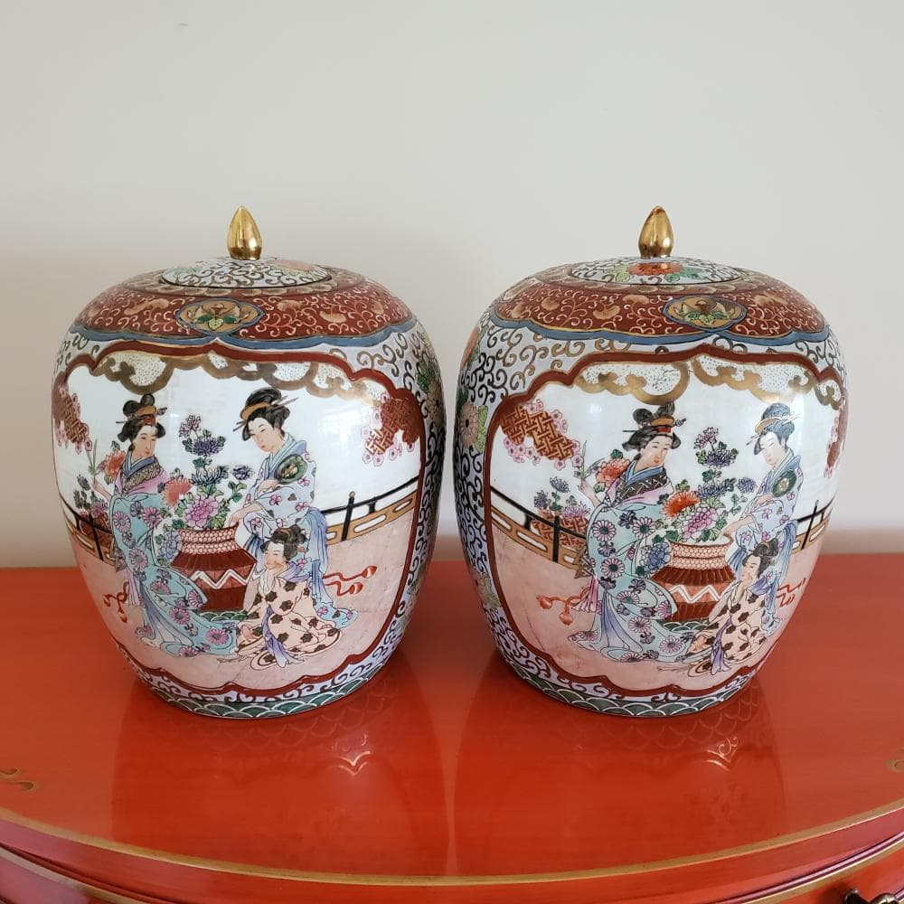 Pair Japanese Porcelain Lidded Urns, 20th Century, 13 1/2" h.