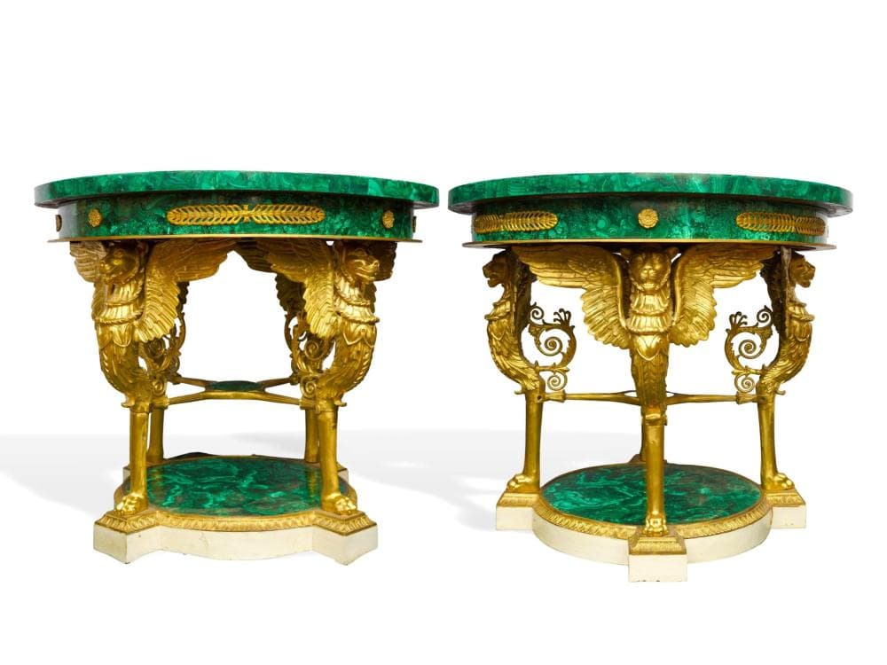 Pair of round tables in malachite