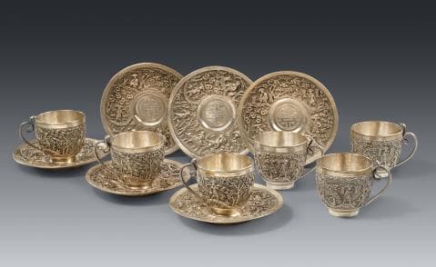 Six silver teacups and saucers. Vietnam. Around 1900