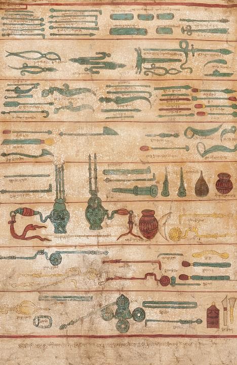 A Tibetan thangka depicting various instruments. Distemper on cotton.