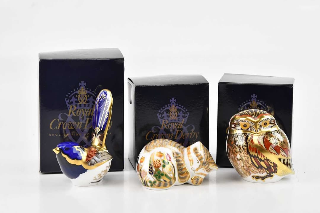 ROYAL CROWN DERBY; three animal and bird form paperweights