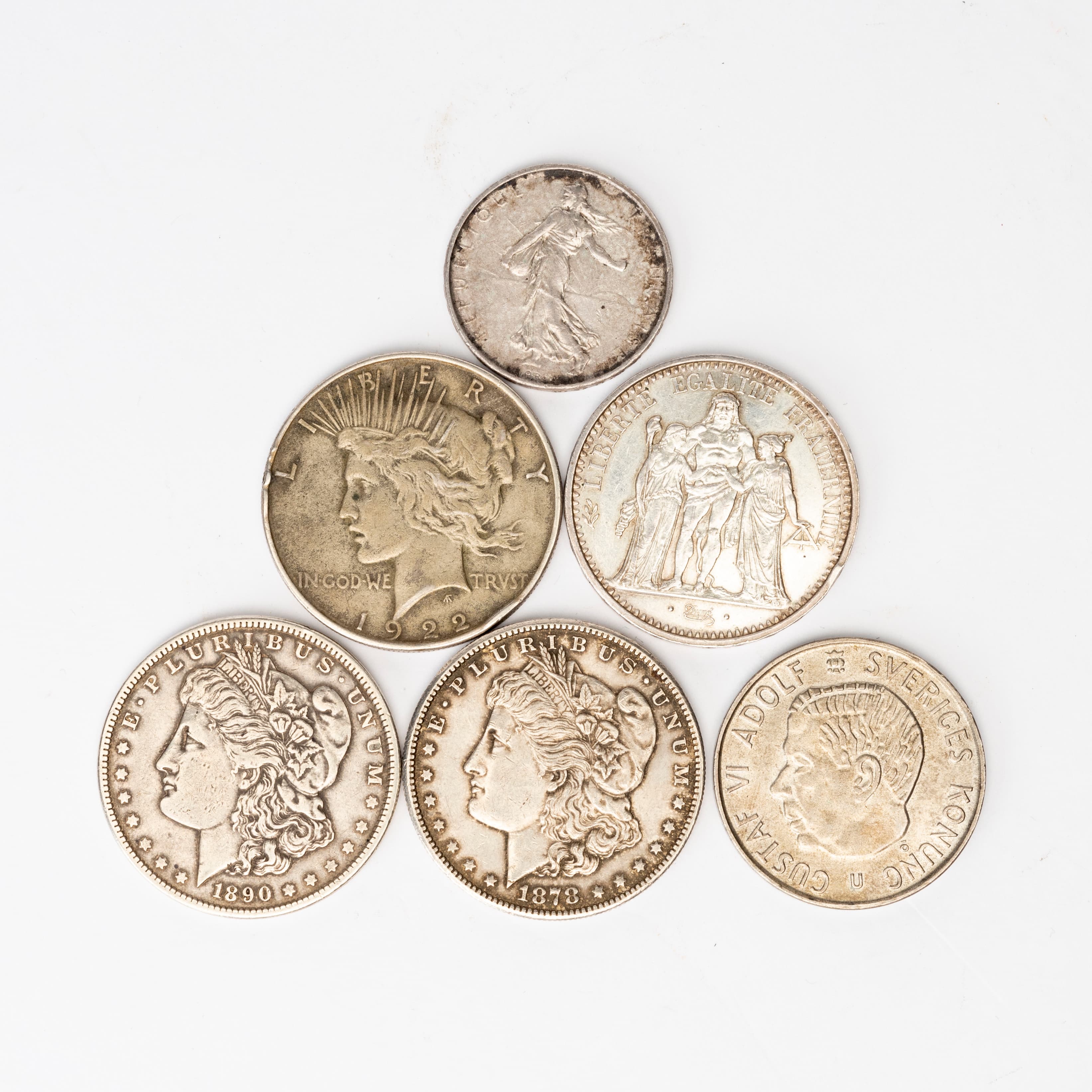 MYNT, 6 st, silver 40-90%, USA, Frankrike, Sverige.
