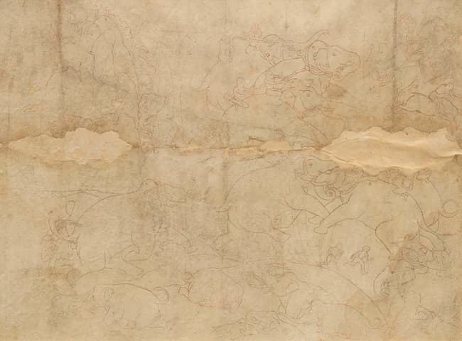 A large preparatory drawing of rounding up a wild elephants,Possibly Kotah