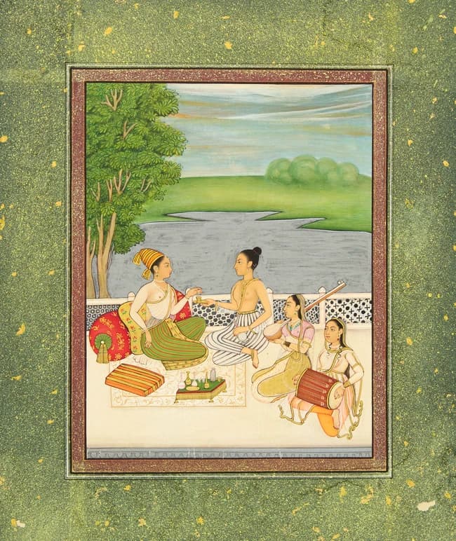 A lady entertained on a terrace near a river bank