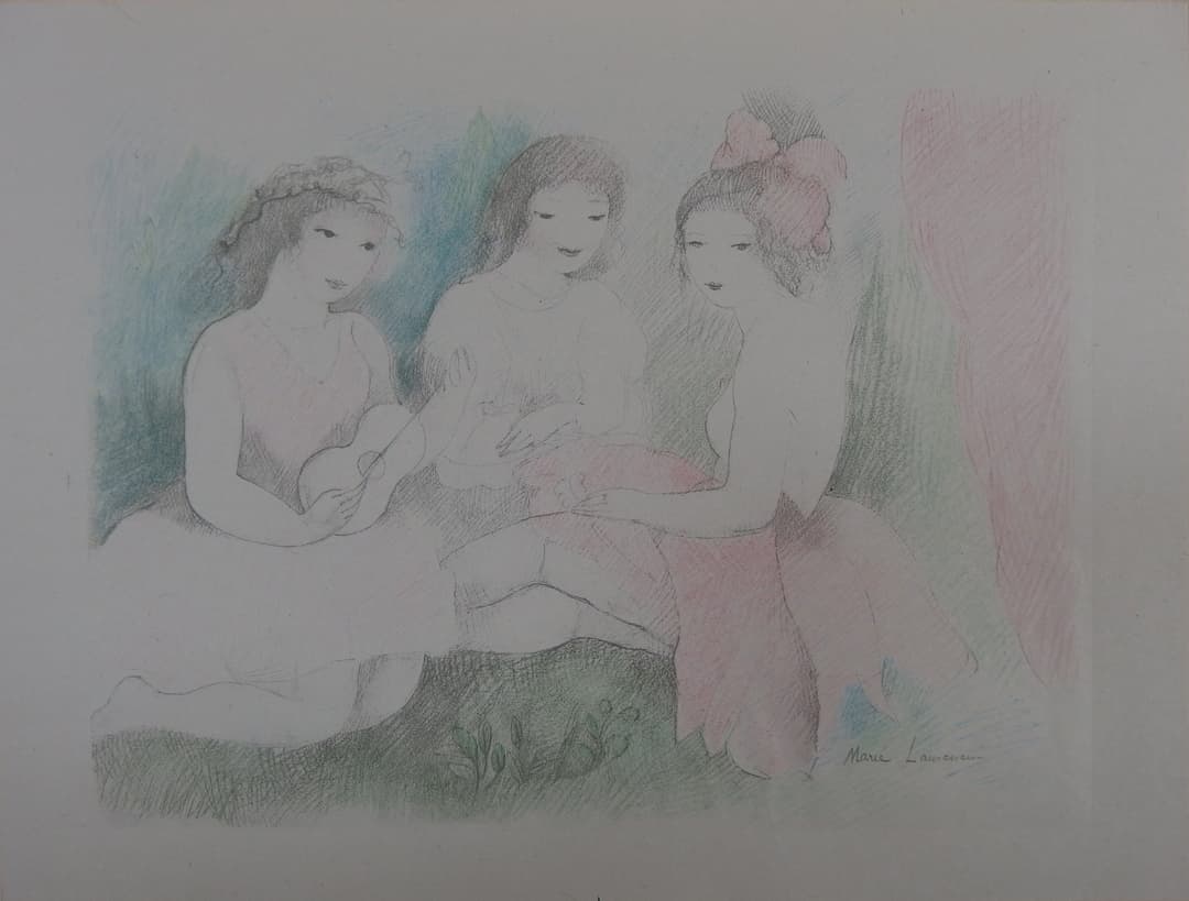Marie LAURENCIN : Les trois amies avec une guitare; Lithographie signée - 1928