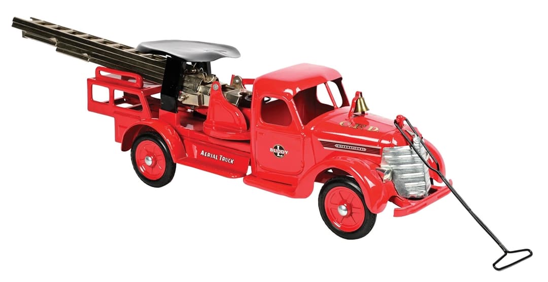 PRE-WAR PRESSED STEEL BUDDY "L" RIDE-ON AERIAL FIRE ENGINE
