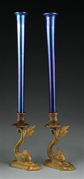 PAIR OF BLUE TIFFANY STUDIOS FAVRILE GLASS CANDLESTICKS W/ 2 BRONZE