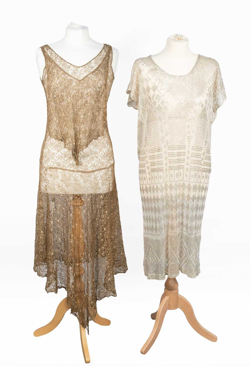 Circa 1920s 'Assuit' Evening Dress, Gold Lace Sleeveless Drop Waist Dress