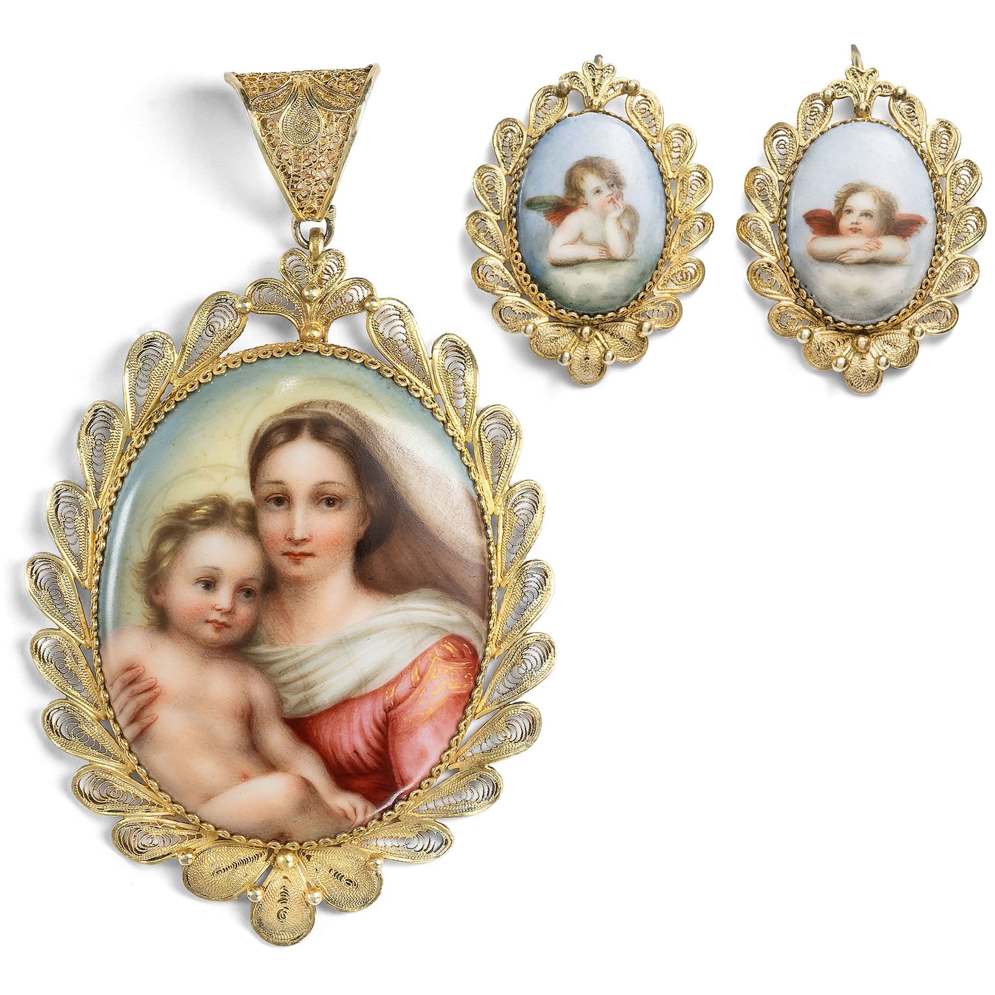 Antique Demi-Parure with Enamel Plaques of the Sistine Madonna, c. 1870