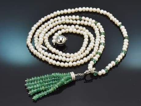 Green Tassel! Lange Perlenkette mit abnehmbarer Smaragd Diamant Quaste