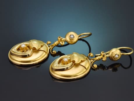 Wien um 1880! Spätbiedermeier Ohrringe mit Saatperlen aus Gold 585