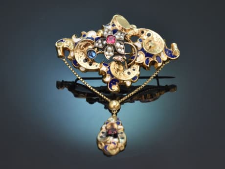 Süddeutsch um 1860! Biedermeier Brosche mit Emaille und Saatperlen aus Gold 585