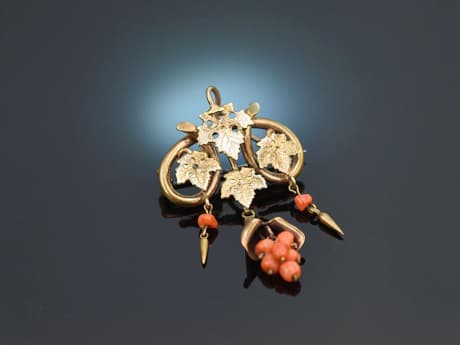 Um 1860! Hübsche Biedermeier Brosche mit Korallen Gold 333