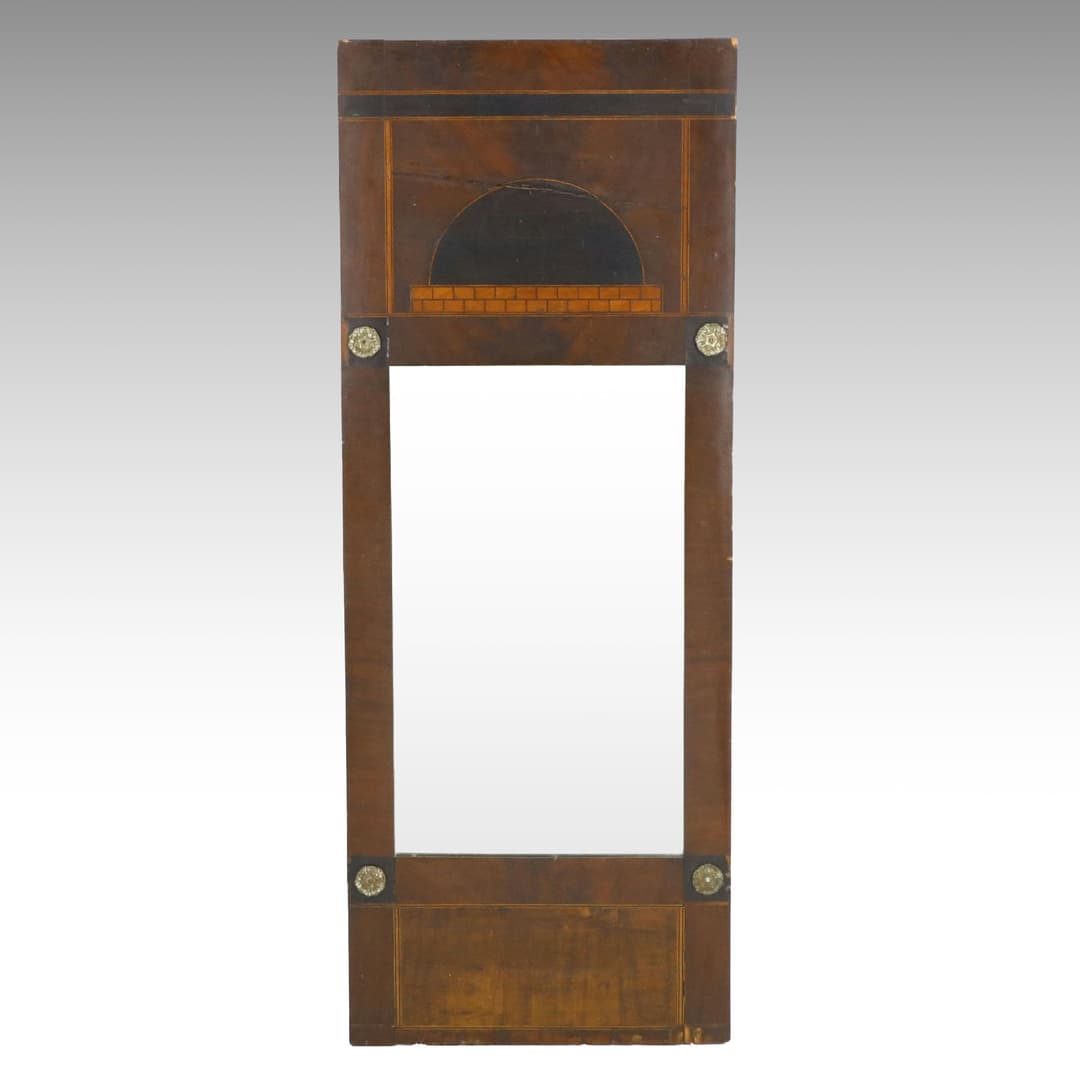 Biedermeier Style Flame Mahogany Veneered Trumeau Mirror, Early to Mid-19th C.