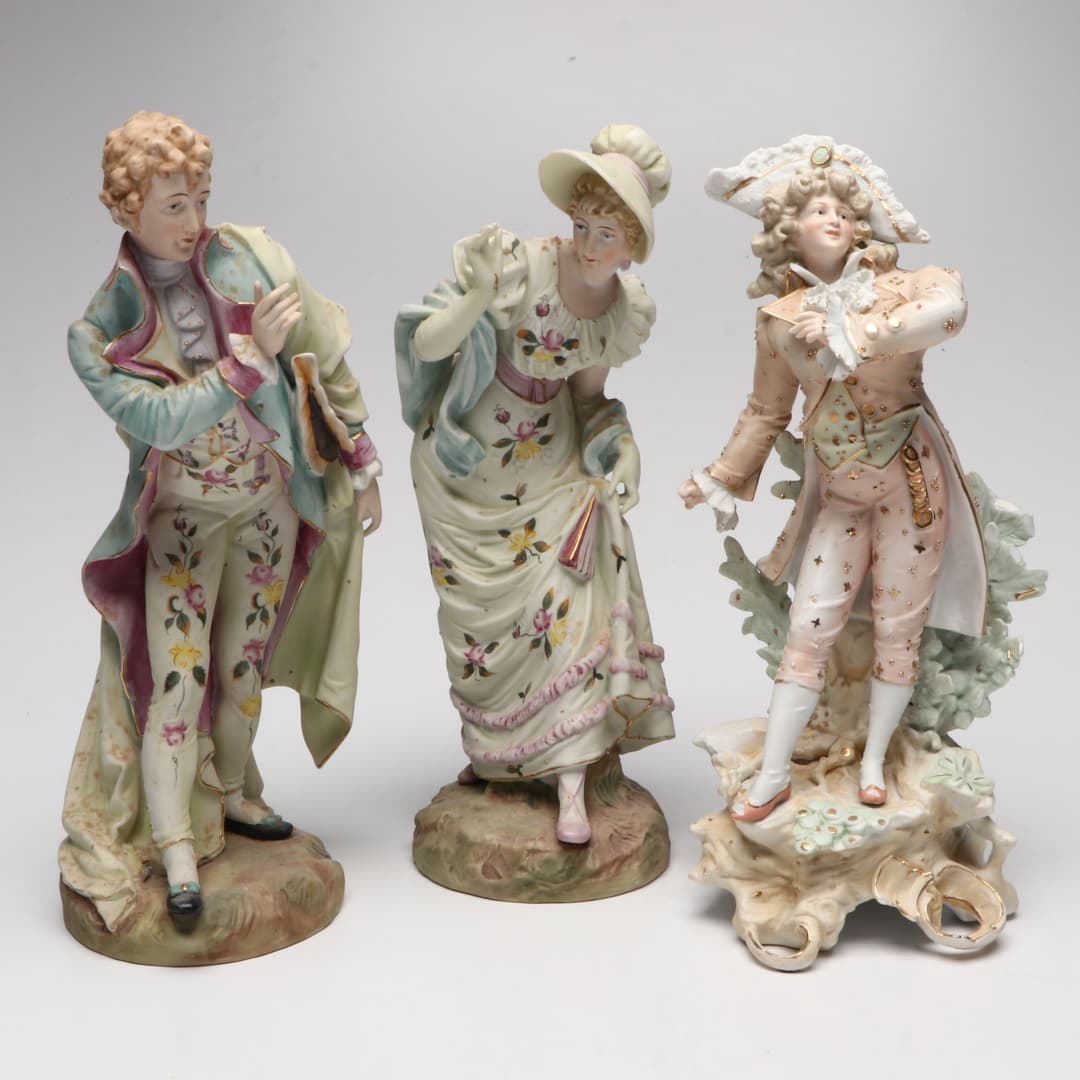 Rococo Style Hand-Painted Male Porcelain Figure with Victorian Style Couple