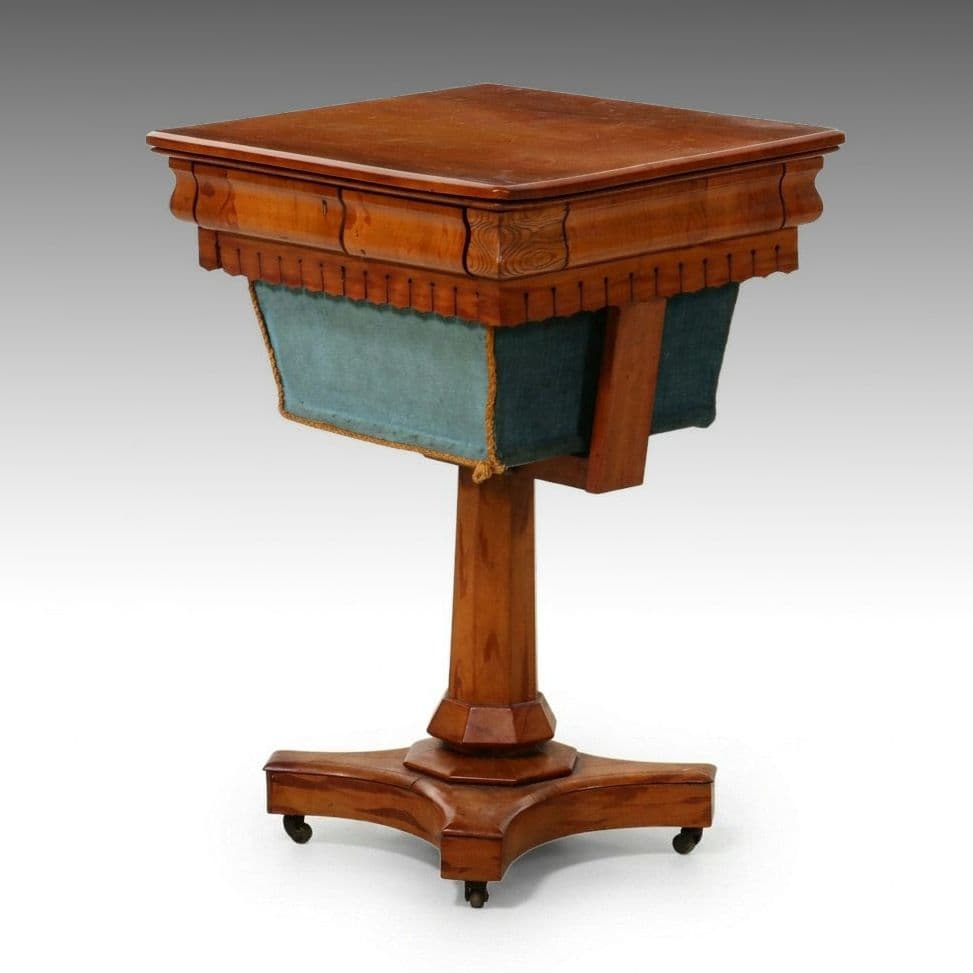Biedermeier Style Flame Birch Pedestal Work Table with Fabric Sewing Basket