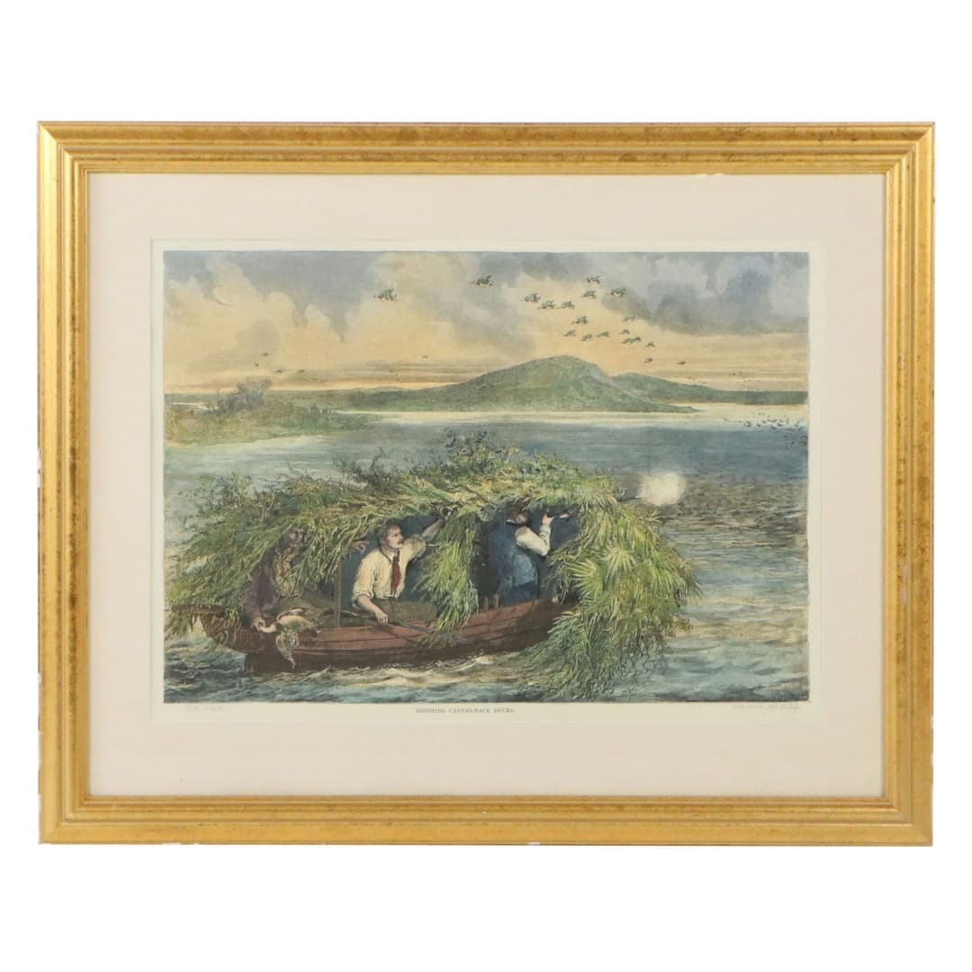 Hand-Colored Lithograph "Shooting Canvas-Back Ducks"
