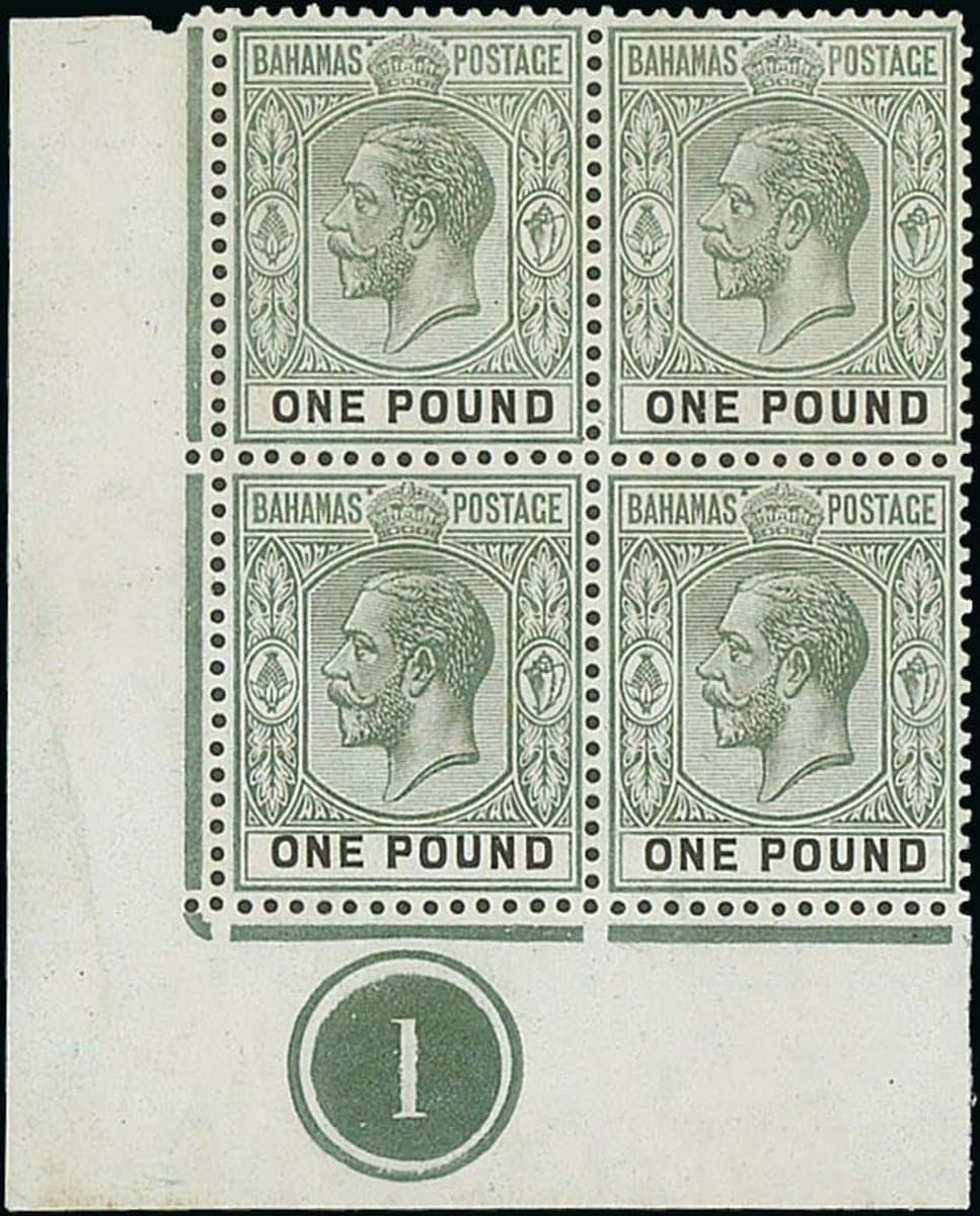 Bahamas 1912-19 MCA £1 dull green and black, a lower left corner block