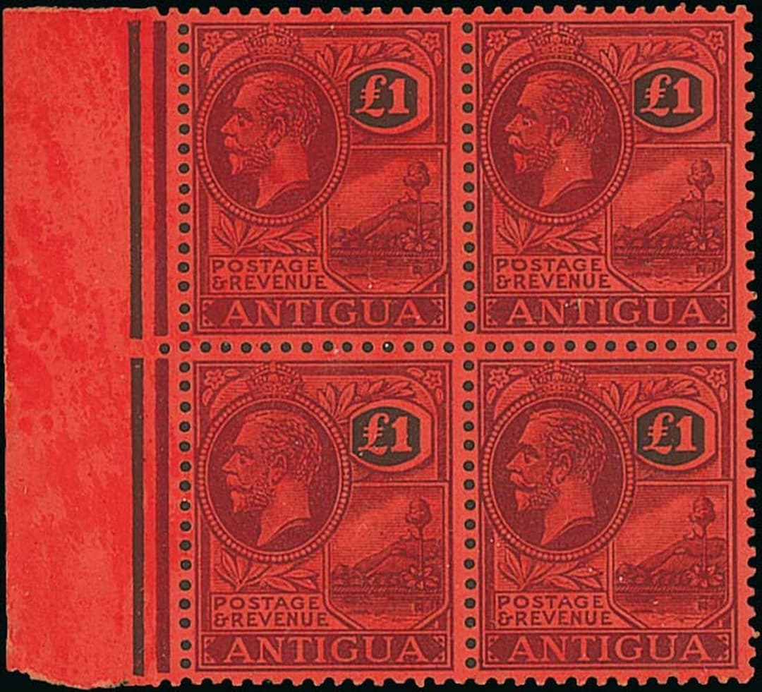 Antigua 1922 MCA £1 purple and black on red block of four with margin