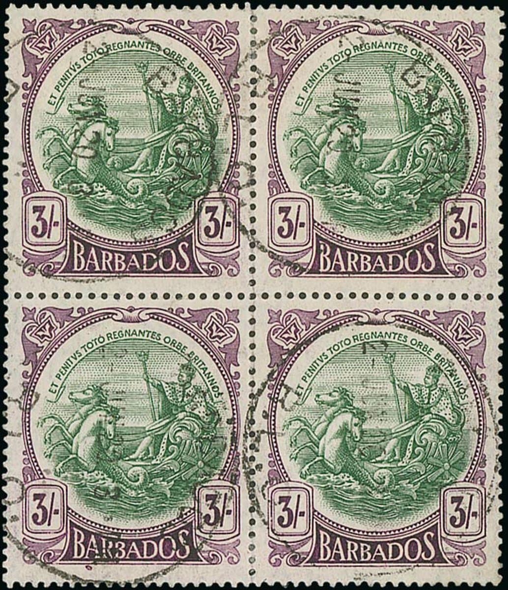 Barbados 1920 MCA 3/- green and bright violet block of four, each