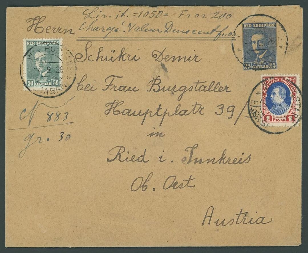Kingdom of Albania (1928-1939) 1929 (Sept. 7). Insured 25q. stationery