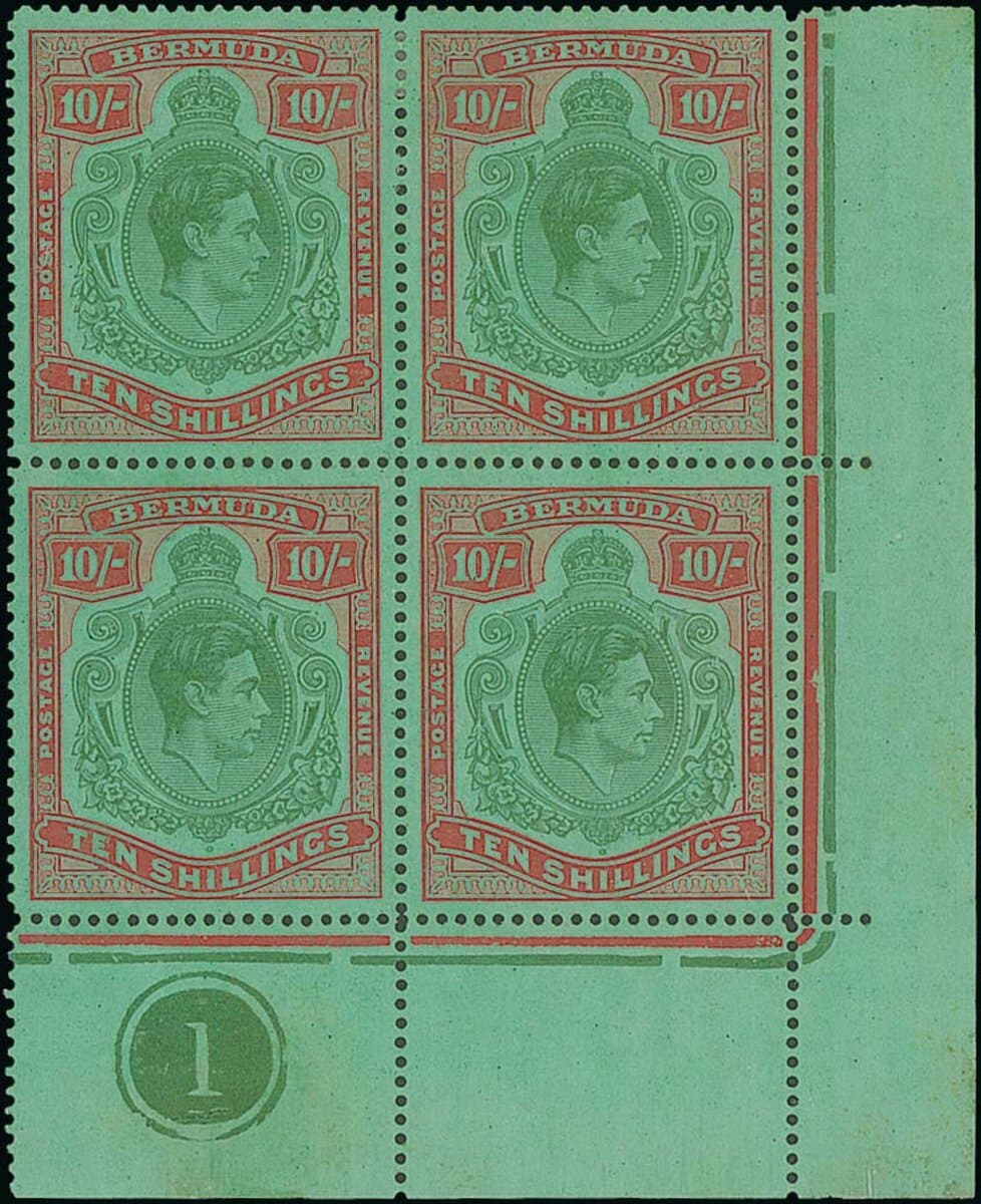 Bermuda 1938-53 High Value Keyplates Perf. 14¼ line 10/- yellow green