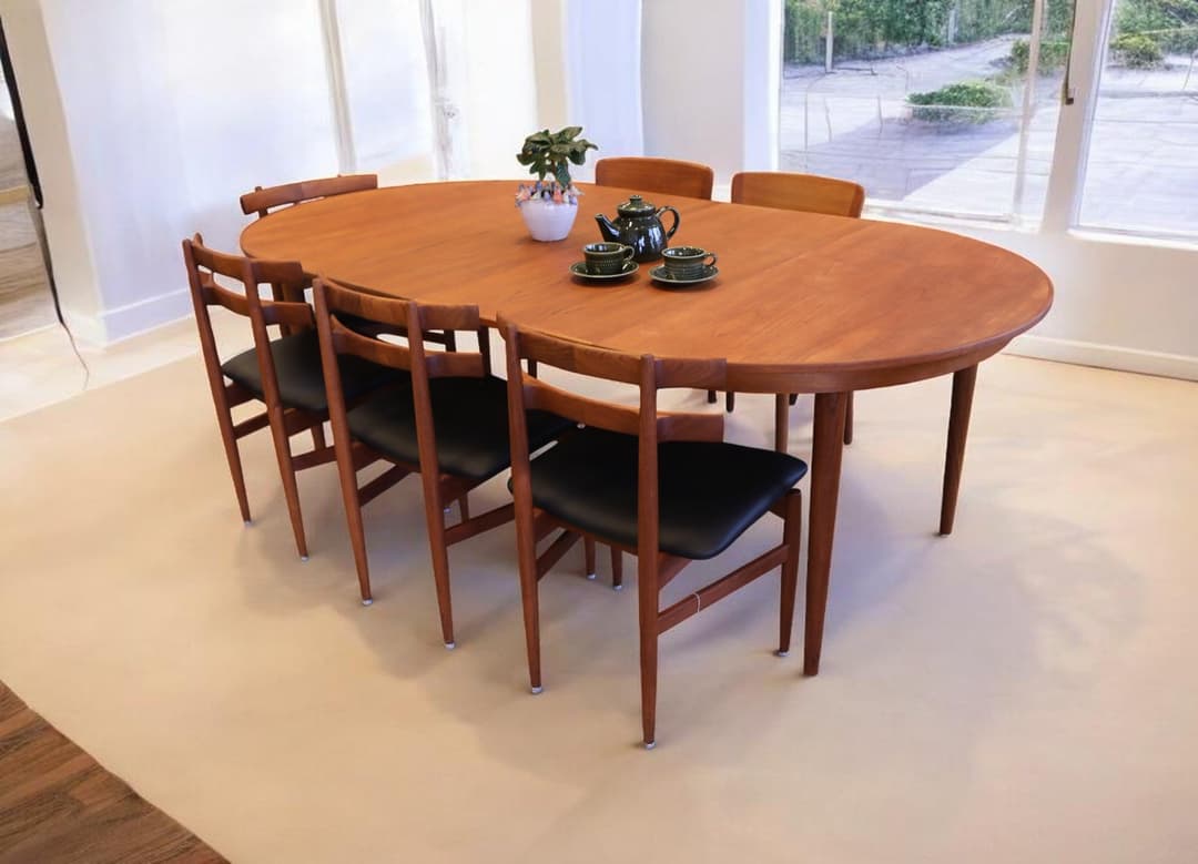 Danskt runt matbord i teak. 120 cm ø+2×50 cm