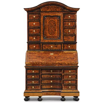 A Swedish burr-elm late baroque writing cabinet, first part 18th century.