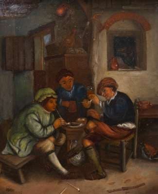 A replica after 'Three peasants at the inn' by Adriaen van Ostade, c. 1900