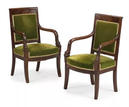 A PAIR OF LOUIS-PHILIPPE MAHOGANY GREEN VELVET UPHOLSTERED OPEN ARM